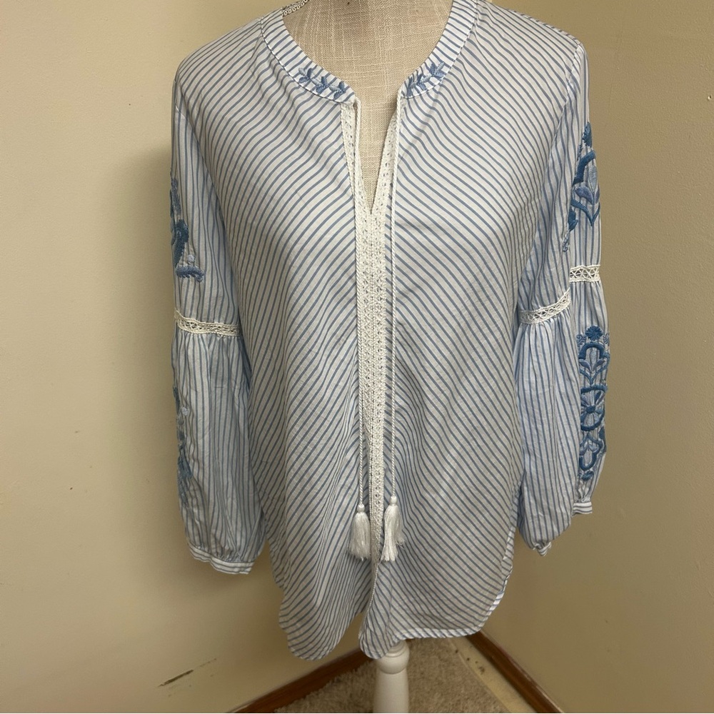 J McLaughlin Blue White Striped Embroidered Tunic Tassel Boho L Nautical EUC